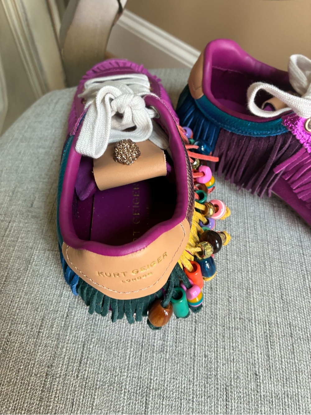Kurt Geiger size 36 Women's Magenta Fringe Sneaker with Colorful Bead Accents - Picture 4 of 5